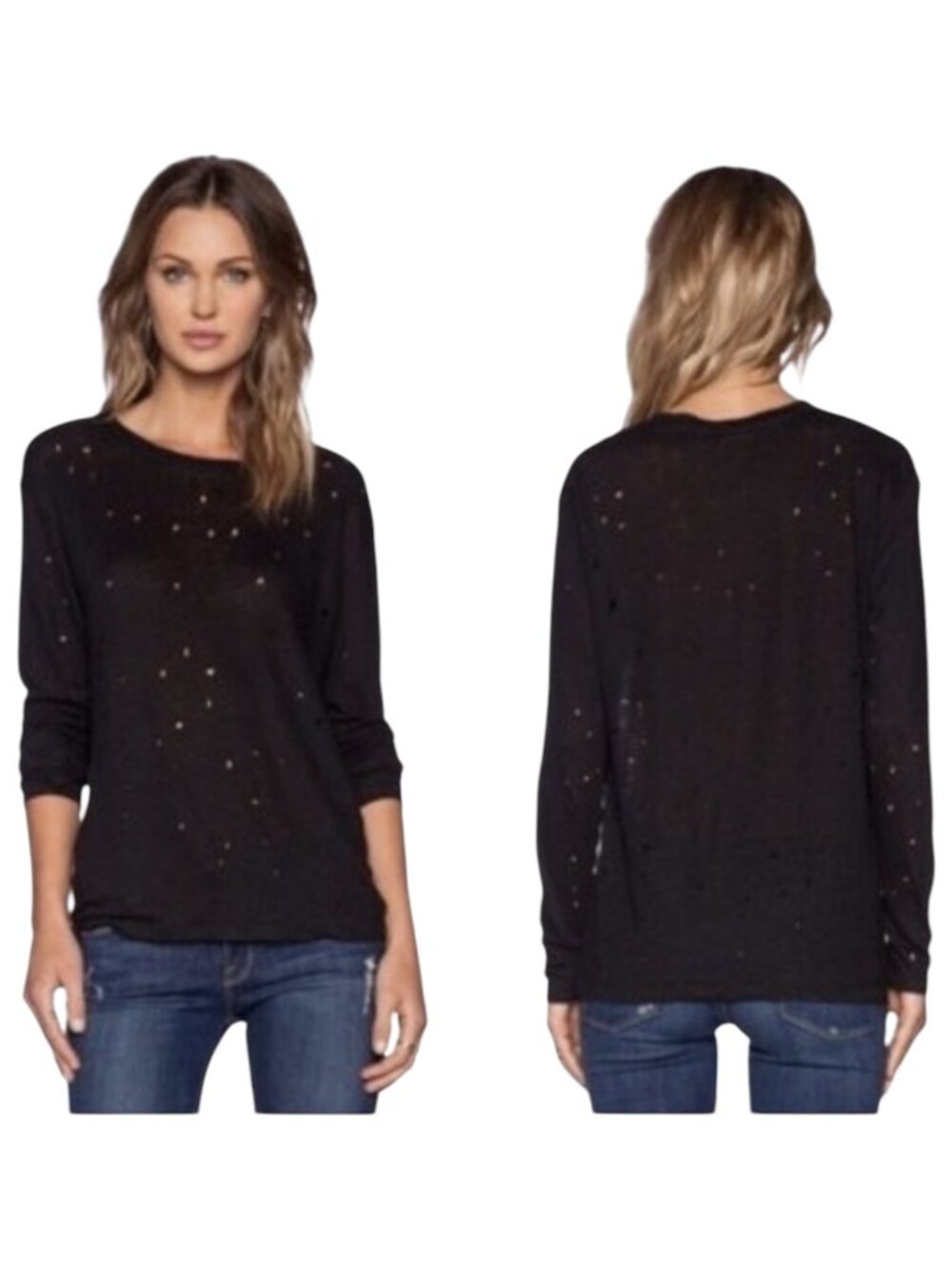 IRO Marvina Shirt Women XS Black Linen Distressed Long Sleeve Tee Grunge Punk